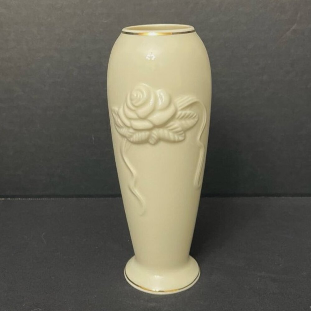 Vtg Lenox Rose Blossom Fine China Medium Vase Ivory w/ 24K Gold Trim